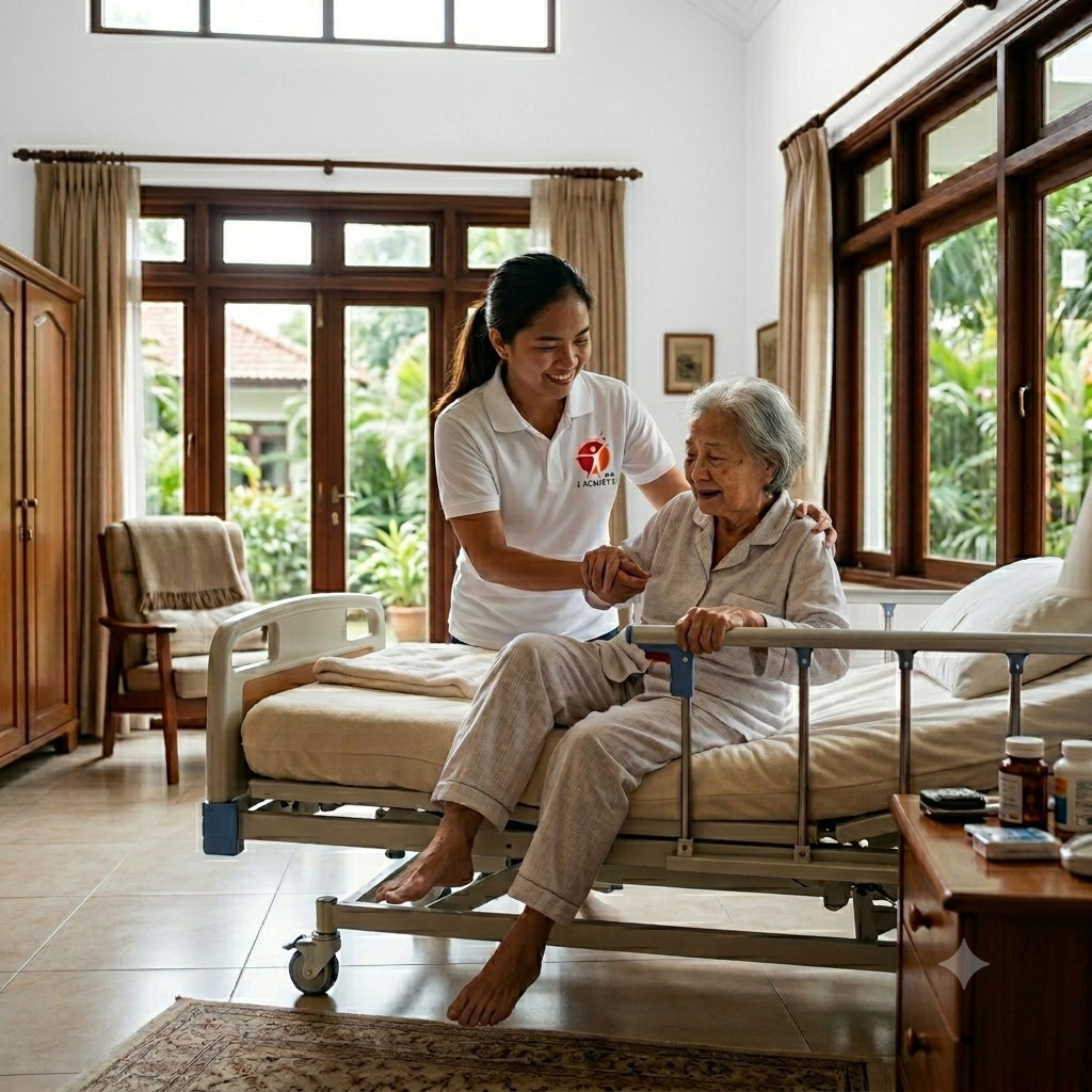 caregiver helping an elderly out of a hospital bed