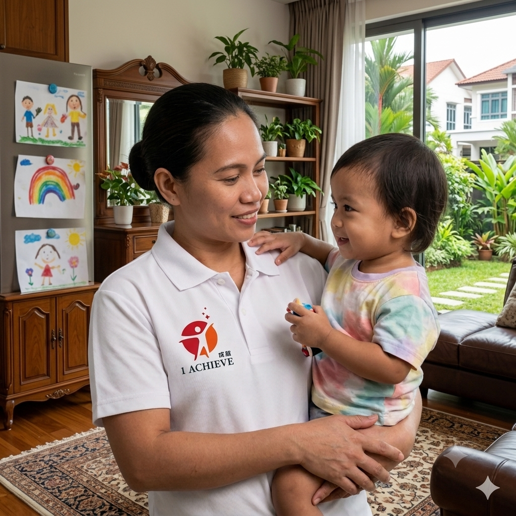 filipino helper carrying a baby