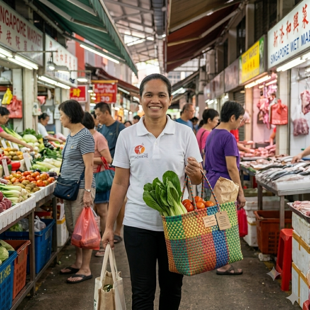 filipino helper going to a market carrying a marketing bag