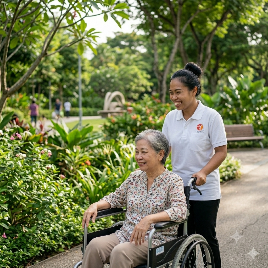 indonesian Maid pushing elderly on a wheelchair