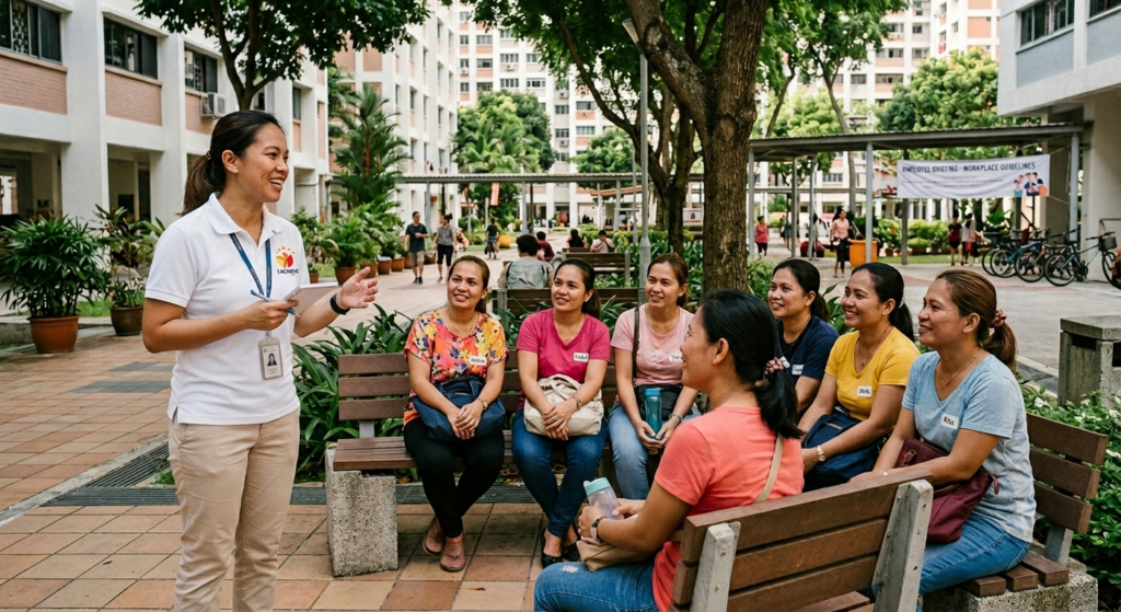 staff talking to a group of domestic helpers